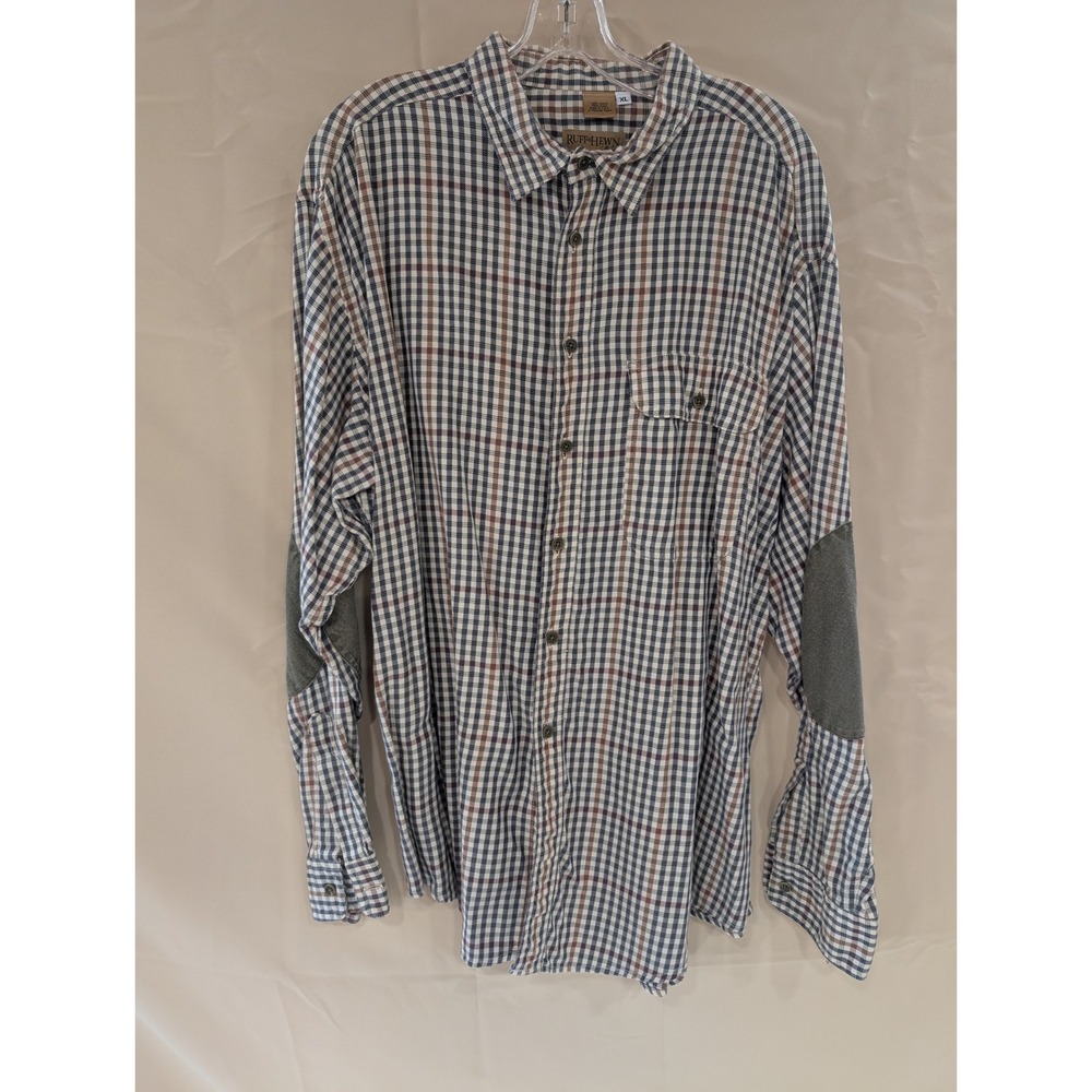 Ruff Hewn Mens XL‎ Button Down Shirt Long Sleeve Plaid Elbow Patch Cotton